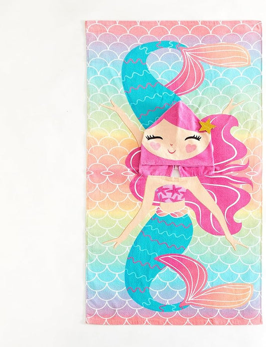 Beach House Figural Mermaid Hooded Beach and Bath Towel Poncho for Kids, Rainbow