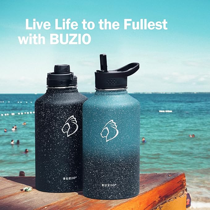 BUZIO Water Bottle with Straw lid, Spout Lid, Hand Lid and Carrying Pouch, 32oz 40oz 64oz Stainless Steel Water Flask Jug, Cold for 48 Hrs Hot for 24 Hrs Double Vacuum Thermo Canteen Mug, BPA-Free