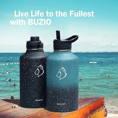 BUZIO Water Bottle with Straw lid, Spout Lid, Hand Lid and Carrying Pouch, 32oz 40oz 64oz Stainless Steel Water Flask Jug, Cold for 48 Hrs Hot for 24 Hrs Double Vacuum Thermo Canteen Mug, BPA-Free
