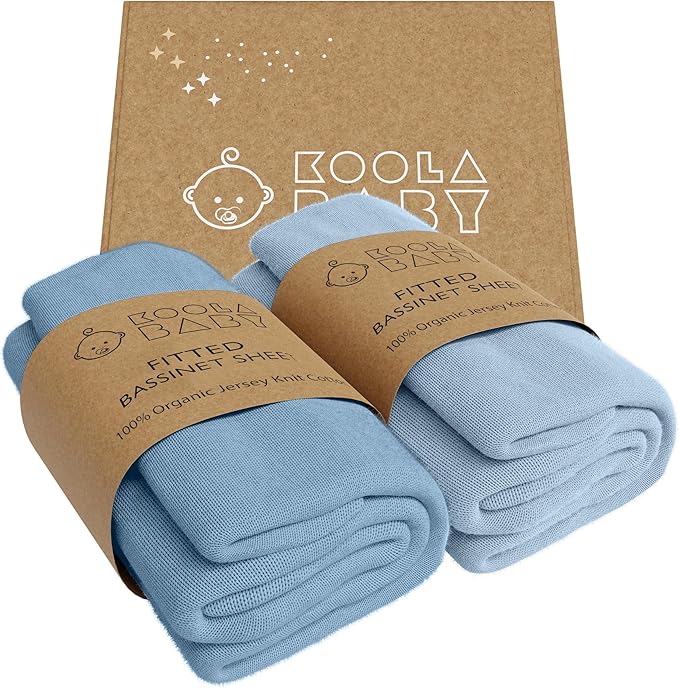 Bassinet Fitted Sheets - Compatible with Delta Children and Simmons Kids Bassinet | 100% Organic Jersey Cotton - Light Blue + Dark Blue | 30x16 (2 Pack)