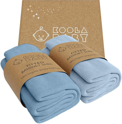 Bassinet Fitted Sheets - Compatible with Delta Children and Simmons Kids Bassinet | 100% Organic Jersey Cotton - Light Blue + Dark Blue | 30x16 (2 Pack)