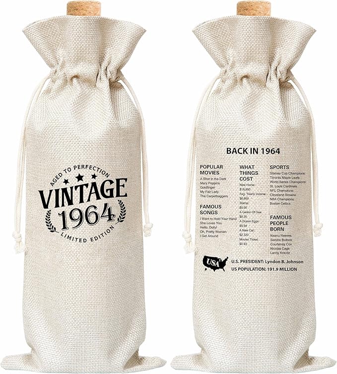 Tedea 60th Birthday Wine Gift Bag, Vintage Back In 1964 Birthday Gift Wine Bag For Women Men, Best Friend, Coworker, Birthday Party Decorations, 1 Pc Wine Bag (G04)
