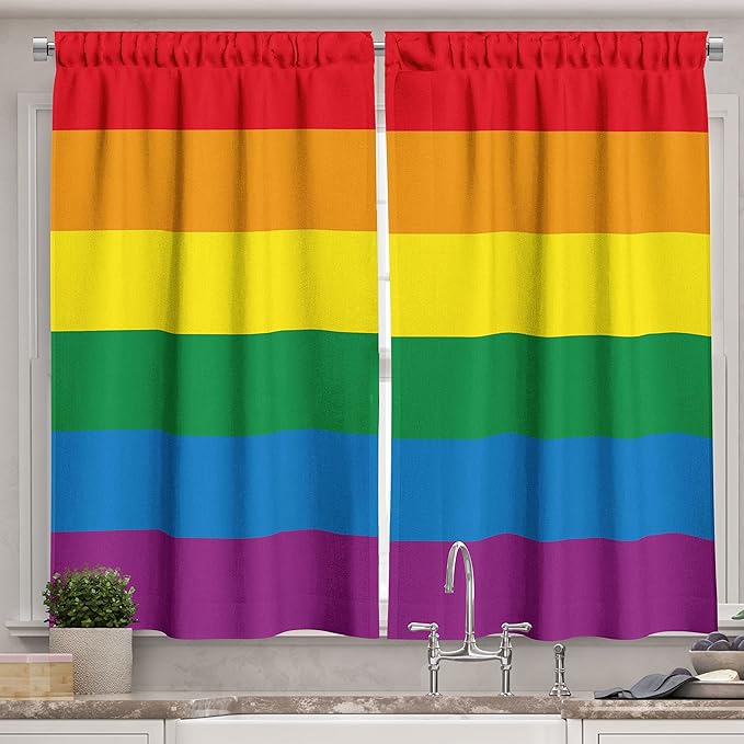 Ambesonne Pride Kitchen Curtains, Horizontal Orange Green Colored Flag of Gay Parade Freedom Equality Love Passion Theme, Window Drapes 2 Panel Set for Kitchen Cafe Decor, 55" x 39", Orange Green