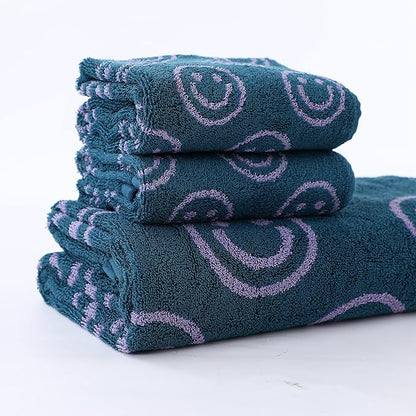 Luxury Cute Smiling Face Purple Green Bath Towel Sets for Bathroom, 1 Bath Towels 2 Hand Towels Washcloths 100% Cotton Ultra Soft Highly Absorbent for Women Kids Girl Boy Face Body