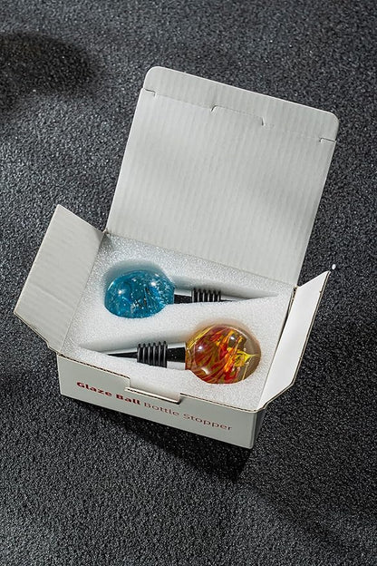 Murano Glass Wine Bottle Stopper Blue Yellow Blown Glass Art Deco Ball, Reusable Wine Stoppers for Beverage Bottle Stoppers Decorative Wine Saver for Gifts, Bar, Holiday Party, Wedding, Pack of 2