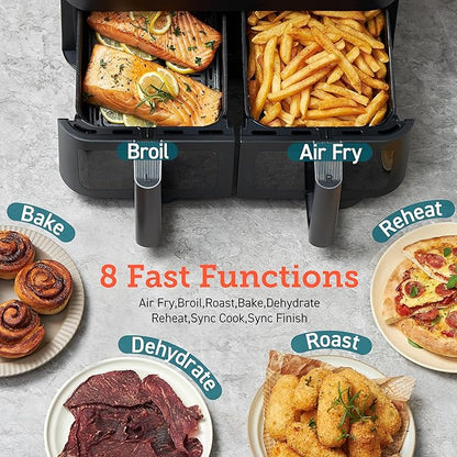 COSORI 9Qt 8-in-1 Dual Air Fryer, Multi-dish Cooking at Once for Family and Couple with Double Baskets, Bake, Roast, Reheat, Broil, Dry & 130 Recipes for Easy and Crispy Meals, Dishwasher Safe