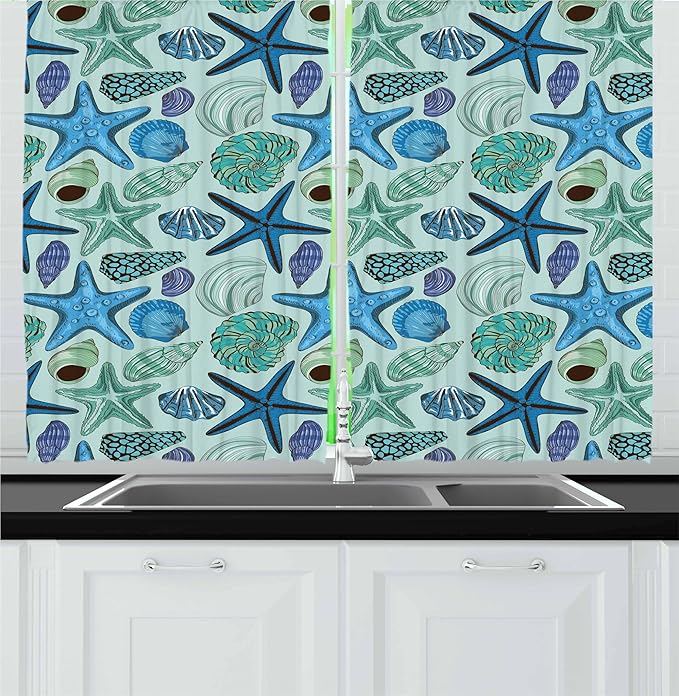 Ambesonne Starfish Kitchen Curtains, Aquarium Inspired Composition Tropical Seashells and Scallops Cockles and Clams, Window Drapes 2 Panel Set for Kitchen Cafe Decor, 55" x 24", Blue Seafoam