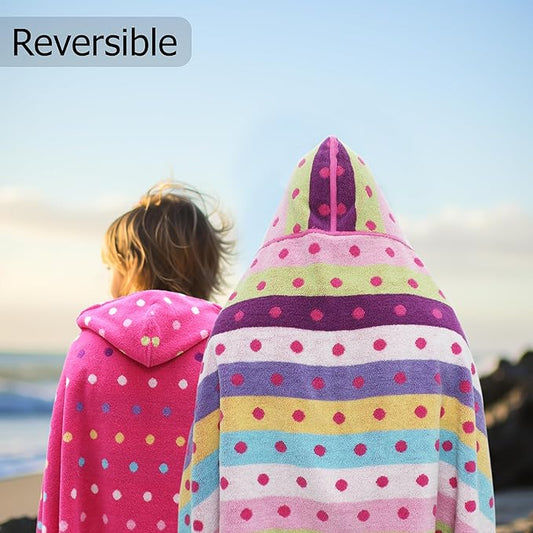Hooded Bath Towel Wrap - 100% Cotton Jacquard Reversible Large Hooded Kids Towel - Toddler Shower Pool Beach Towel - Soft Plush Absorbent Quick Dry Easy Care Gift -26x50- Pink Multicolor