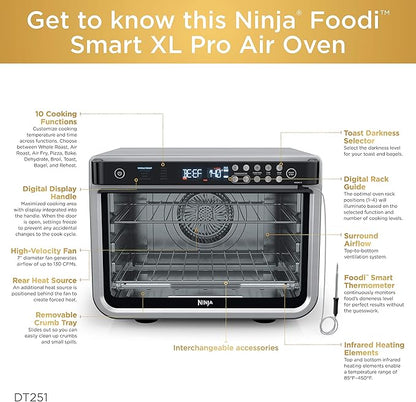 Ninja DT251 Foodi 10-in-1 Smart XL Air Fry Oven, Bake, Broil, Toast, Roast, Digital Toaster, Thermometer, True Surround Convection up to 450°F, includes 6 trays & Recipe Guide, Silver