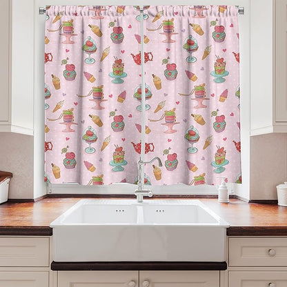 Ambesonne Ice Cream Kitchen Curtains, Retro Style Cupcakes Teapots Candies Cookies on Polka Dots Vintage Kitchen Print, Window Drapes 2 Panel Set for Kitchen Cafe Decor, 55" x 39", Pastel Pink