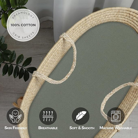 Bassinet Sheet, 100% Cotton Knitted Jersey, Fit Bassinet Crib Mattresses, Fitted Crib Sheets, Super Soft, Toddler Fitted Sheet, Unisex,2 Pack,Green/Flowers, 17x32x4