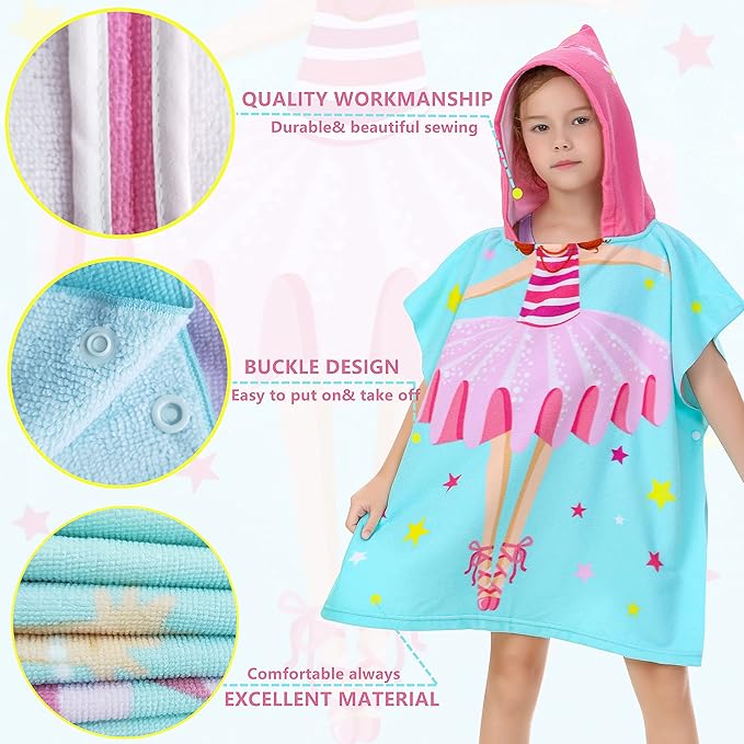 Lightweight Microfiber Hooded Beach Towel for Kids, Toddlers Bath/Pool/Swim Poncho Cover-ups Swimwear (3D Ballet with bag)