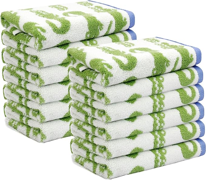 Wash Cloth - Bath Time in A While Crocodile Set of 12 Washcloths - 100% Cotton Jacquard Super Soft Colorful Absorbent Quick Dry Easy Care Face Towel Face Cloth Gift - 12x12 - Green Blue