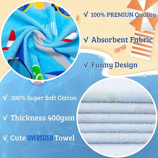 VOOVA & MOVAS Kids Towels Age 3-10, Soft | Thick | 100% Cotton, Large Absorbent Beach, Bath, Pool, Swim Towels | Cover up for Boys | Excavator Vehicle