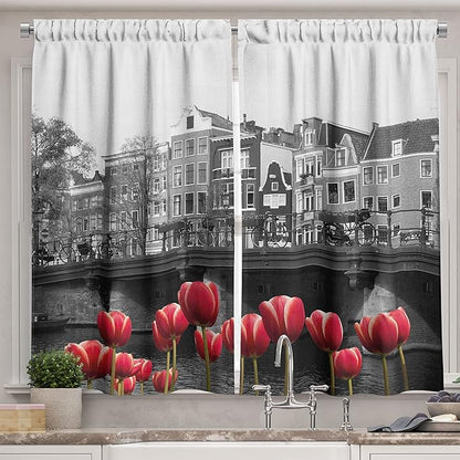 Ambesonne Black and White Kitchen Curtains, Monochrome Photo of Amsterdam Canal with Red Tulips and Houses, Window Drapes 2 Panel Set for Kitchen Cafe Decor, 55" x 39", Red Black