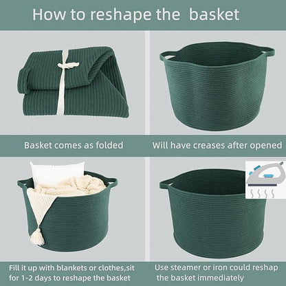 Large Cotton Rope Basket Blankets Basket Living Room 22"x14" Toy Basket for Kids Rope Storage Basket for Nursery Woven Laundry Basket for Clothes Towels Baby Toy Storage round dark green