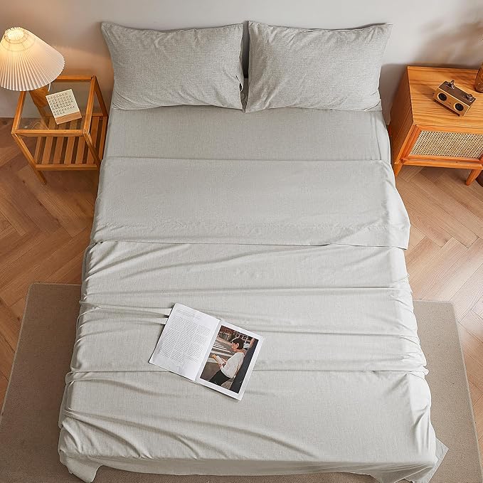 Full Sheets Light Grey, Ultral Soft Cationic Linen Look Sheets, Luxury Cooling Cozy Bed Sheet Set with Non-Slip Fitted Sheet