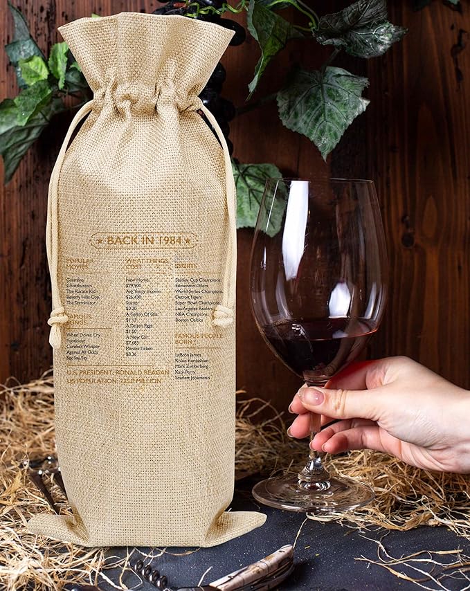 Disfuco 40th Birthday Wine Gift Bag, 1984 Birthday Gift Wine Bag, Burlap Wine Bottle Cover Bag For Women Men, Friends, Daughter, Son, Newphew, Niece, 1 Pc (B03)