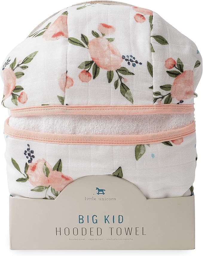Little Unicorn Cotton Muslin & Terry Hooded Towel, Larger Size 1-6 Years (Watercolor Roses)