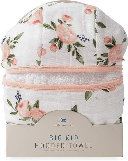 Little Unicorn Cotton Muslin & Terry Hooded Towel, Larger Size 1-6 Years (Watercolor Roses)