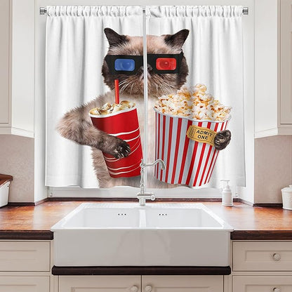 Ambesonne Movie Theater Kitchen Curtains, Cat with Popcorn and Drink Watching Movie Glasses Entertainment Cinema Fun, Window Drapes 2 Panel Set for Kitchen Cafe Decor, 55" x 39", Cream Red