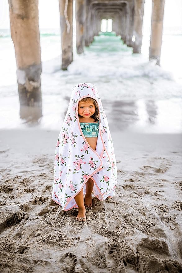Little Unicorn Cotton Muslin & Terry Hooded Towel, Larger Size 1-6 Years (Watercolor Roses)