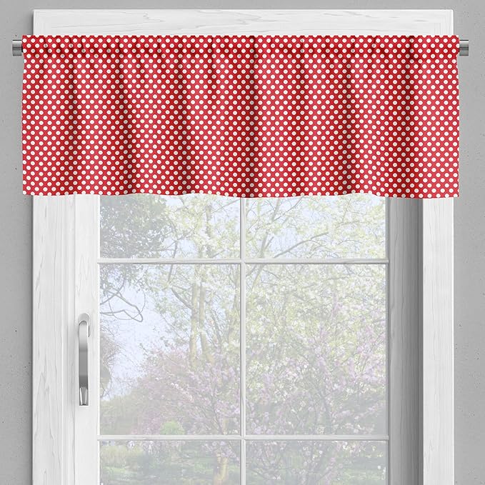 Ambesonne Retro Valance & Tier Curtain 3 pcs Set, 50s 60s Iconic Pop Art Style Big White Polka Dots Picnic Vintage Old Theme Image, Window Treatments for Kitchen Room Decor, 55" x 30", Vermilion White
