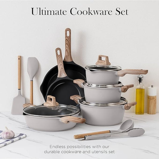Country Kitchen Pots and Pans Set Nonstick, Cast Aluminum Kitchen Cookware Set with Utensils, 14 Pcs Non Stick Cooking Set w/Frying Pans & Saucepans
