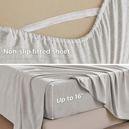 Full Sheets Light Grey, Ultral Soft Cationic Linen Look Sheets, Luxury Cooling Cozy Bed Sheet Set with Non-Slip Fitted Sheet