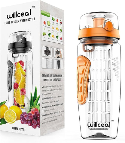 Fruit Infuser Water Bottle 32oz- Durable, Large - BPA Free Tritan, Flip Lid, Leak Proof Design - Sports, Camping