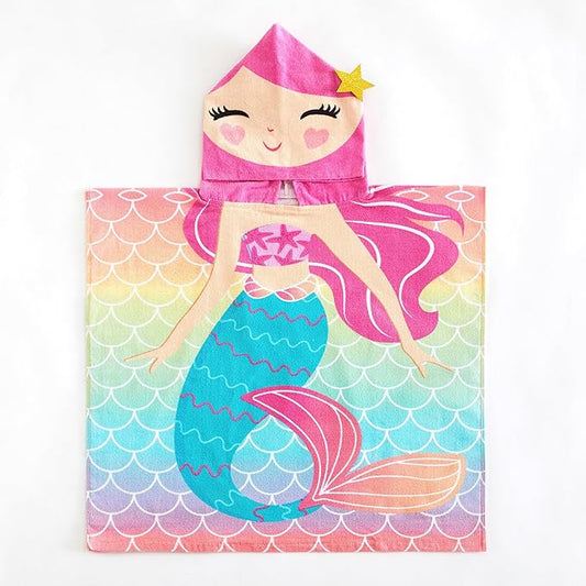 Beach House Figural Mermaid Hooded Beach and Bath Towel Poncho for Kids, Rainbow