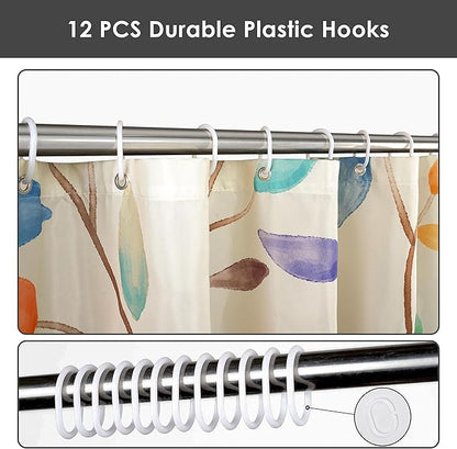 Boho Floral Shower Curtain, Fall Colorful Botanical Flower Leaves Bohemian Yellow Fabric Shower Curtain Set with 12 Hooks, Bathroom Bathtub Accessories Decor Cloth Curtain 72x72 Inches