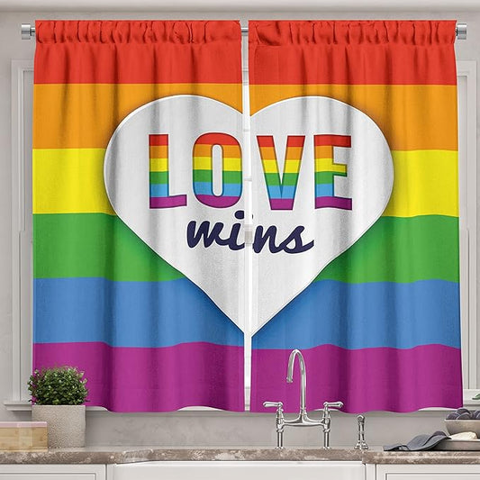 Ambesonne Pride Kitchen Curtains, Rainbow Flag with Stripes Heart with Love Wins Text LGBT Culture Colorful, Window Drapes 2 Panel Set for Kitchen Cafe Decor, 55" x 39", Purple Blue