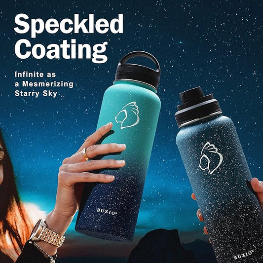 BUZIO Water Bottle with Straw lid, Spout Lid, Hand Lid and Carrying Pouch, 32oz 40oz 64oz Stainless Steel Water Flask Jug, Cold for 48 Hrs Hot for 24 Hrs Double Vacuum Thermo Canteen Mug, BPA-Free