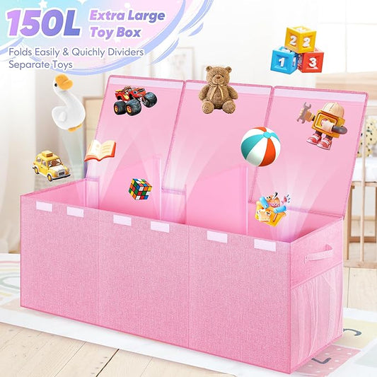 Extra Large Toy Box, Toy Box for Kids Boys Girls, Collapsible Sturdy Toy Storage Organizer with Mesh Pockets, 41"x14"x16" Kids Toy Chest Boxes Bins Baskets for Nursery, Playroom, Pink