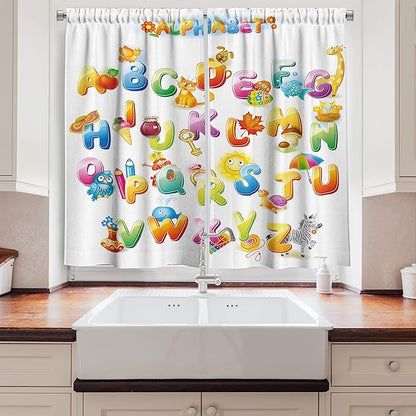 Ambesonne Science Long Kitchen Curtains, Cheerful Cartoon Fun Alphabet Design Font Design, Two Panels Drapes with Rod Pocket Room Decor, 55" x 45", Orange
