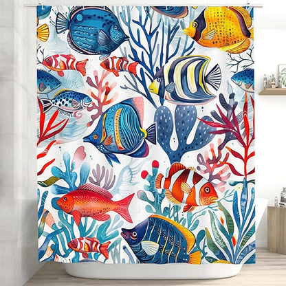 Fish Shower Curtain for Bathroom Tropical Fishes Shower Curtains Home Bathroom Bathtubs Ocean Underwater World Tropical Fish Decor Polyester Shower Curtain Waterproof Washable 12 Hooks 72"x72"