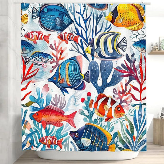 Fish Shower Curtain for Bathroom Tropical Fishes Shower Curtains Home Bathroom Bathtubs Ocean Underwater World Tropical Fish Decor Polyester Shower Curtain Waterproof Washable 12 Hooks 72"x72"