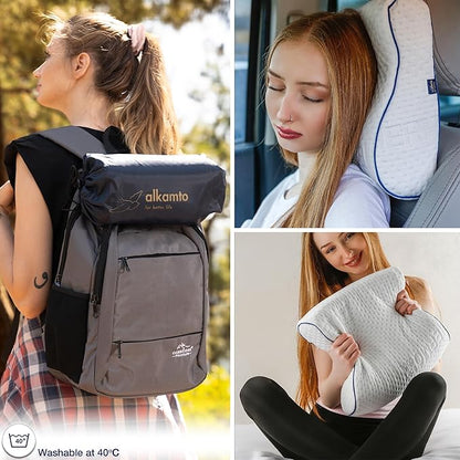 Travel & Camping Comfortable Memory Foam Pillow – Easy to Carry Portable Bag – Temperature Regulating Pillow Case (White Contour)