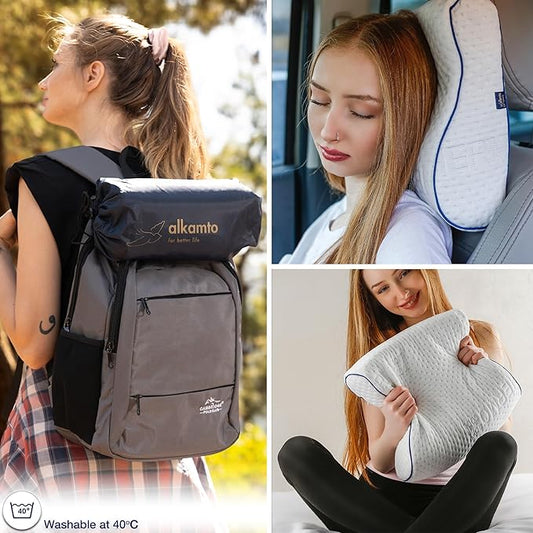 Travel & Camping Comfortable Memory Foam Pillow – Easy to Carry Portable Bag – Temperature Regulating Pillow Case (White Contour)