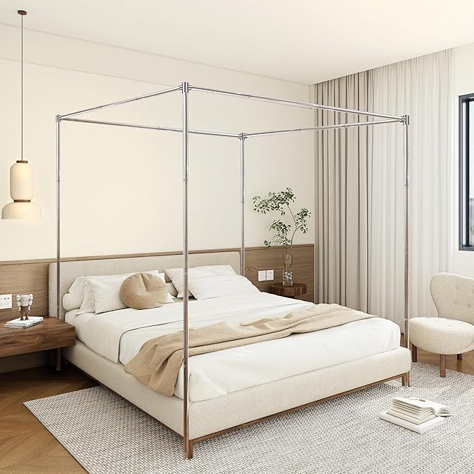 Canopy Bed Frame Full Size Stainless Steel Canopy Poles for Bed, Canopy Bed Curtains Full Bed Canopies & Drapes for 4 Corner Metal Bed Wood Bed Bedroom Decor