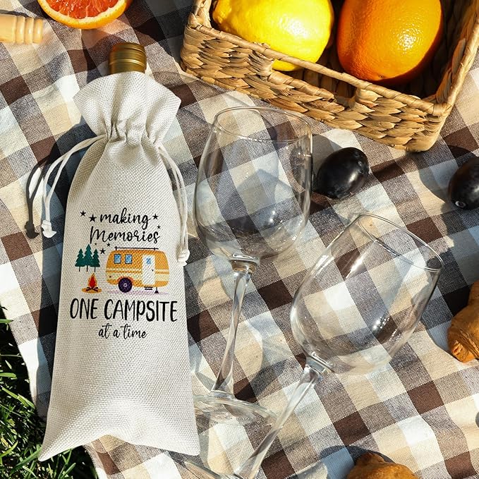 Wine Canvas Bag, Camper Gifts Wine Gift Bag, Camping Gift for Women Men Friend Camper Vacation Gifts Wine Bags for Wine Bottles, Wine Champagne Gifts With Drawstring Outdoor Party Decoration -WB10