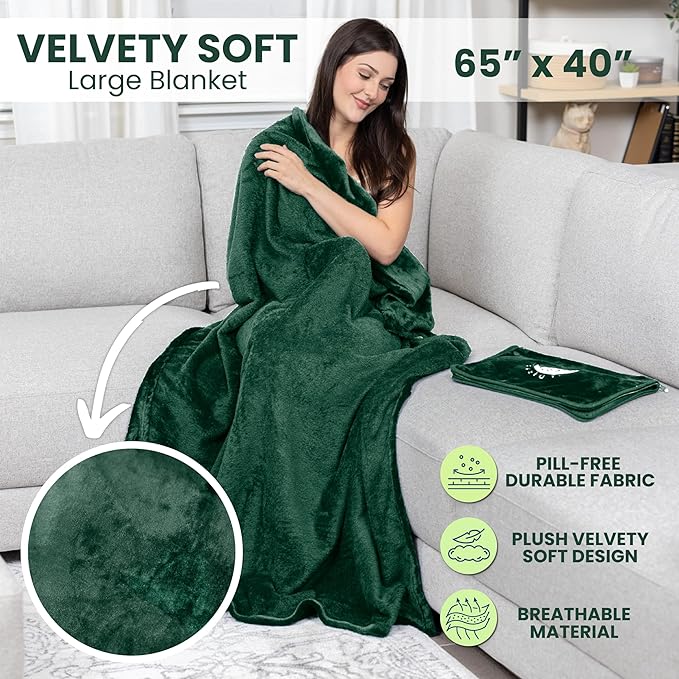 Resty Travel Blanket - Compact Airplane Blanket with Bag - Small and Lightweight Traveling Blanket & Pillow - Portable Blankets with Carabiner for Easy Transport - Plane Train Car (Forest Green)