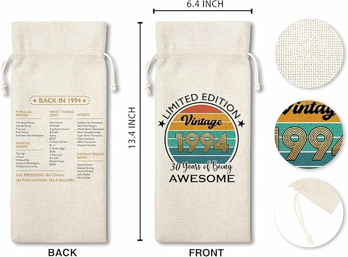 Disfuco 30th Birthday Wine Gift Bag, 1994 Birthday Gift Wine Bag, Burlap Wine Bottle Cover Bag For Women Men, Friends, Daughter, Son, Newphew, Niece, 1 Pc (B02)