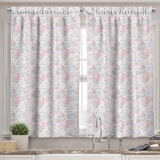 Ambesonne Cartoon Valance & Tier Curtain 3 pcs Set, Styled Cats Bats and Skulls Japanese Inspired Kawaii Design, Window Treatments for Kitchen Room Decor, 55" x 36", Pale Pink