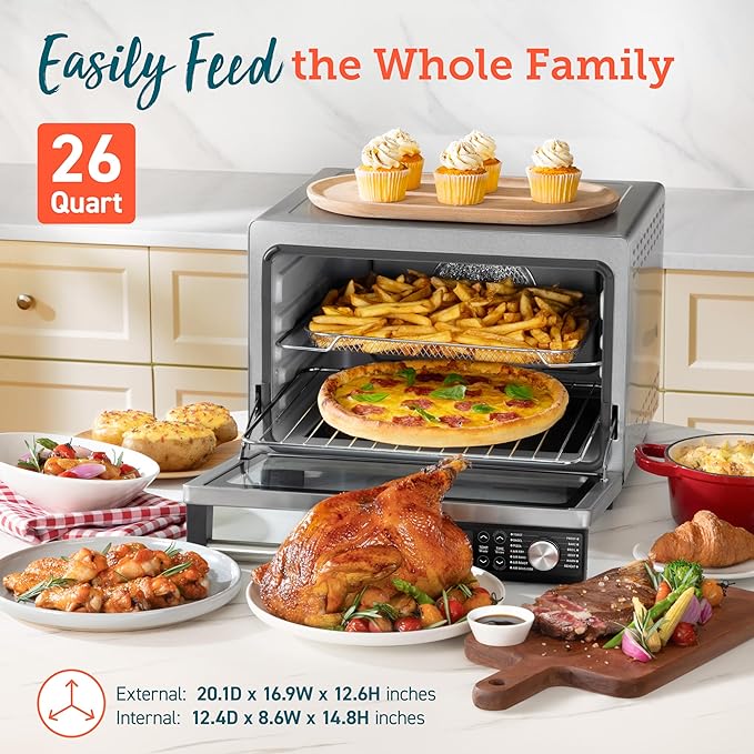 COSORI Ceramic Air Fryer Toaster Oven Combo, 13-in-1 Flat-Sealed Heating Elements for Easy Cleanup, Innovative Burner Function, 8 Accessories & Recipes, 26QT, Silver, Stainless Steel