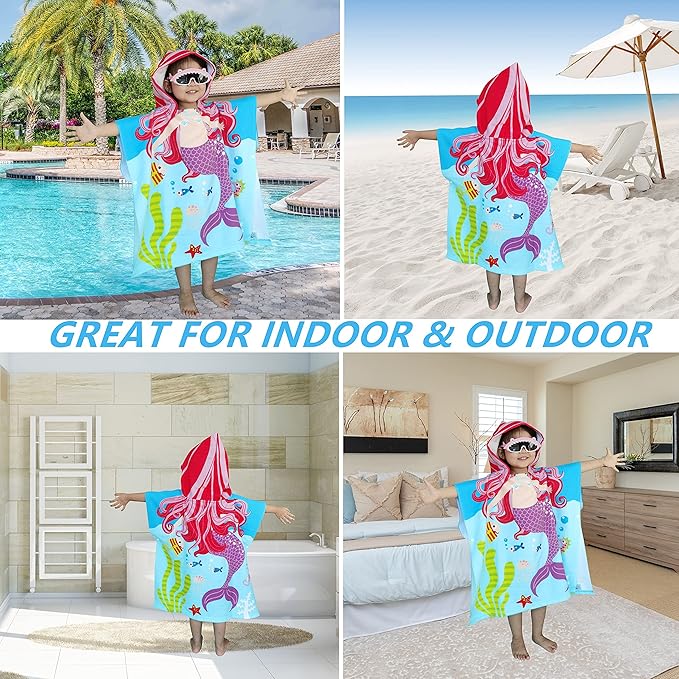 Lightweight Microfiber Hooded Beach Towel for Kids, Toddlers Bath/Pool/Swim Poncho Cover-ups Swimwear (3D Mermaid with bag)