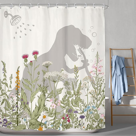 LGhtyro Dinosaur Wildflower Kids Shower Curtain Bathroom Set 60Wx71H Inches Funny Dino Silhouette Floral Rustic Plant Leaves Botanical Bath Accessories for Boys Art Home Decor Fabric 12 Pack Hooks