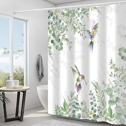 Hummingbird Sage Green Eucalyptus Leaves Shower Curtain, Spring Summer Botanical Floral Bird Home Bathroom Decor, Polyester Cotton Fabric Waterproof Modern Bath Curtain with 12 Hooks 60x72 Inches