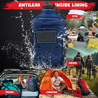 1 Gallon Water Bottle Insulated - 84 Oz Stainless Steel Metal Water Jug with Holder - | Carrying Bag | Spout Handle | Straw Lids | Keep Cold & Hot | - Navy Blue Tactical Flask